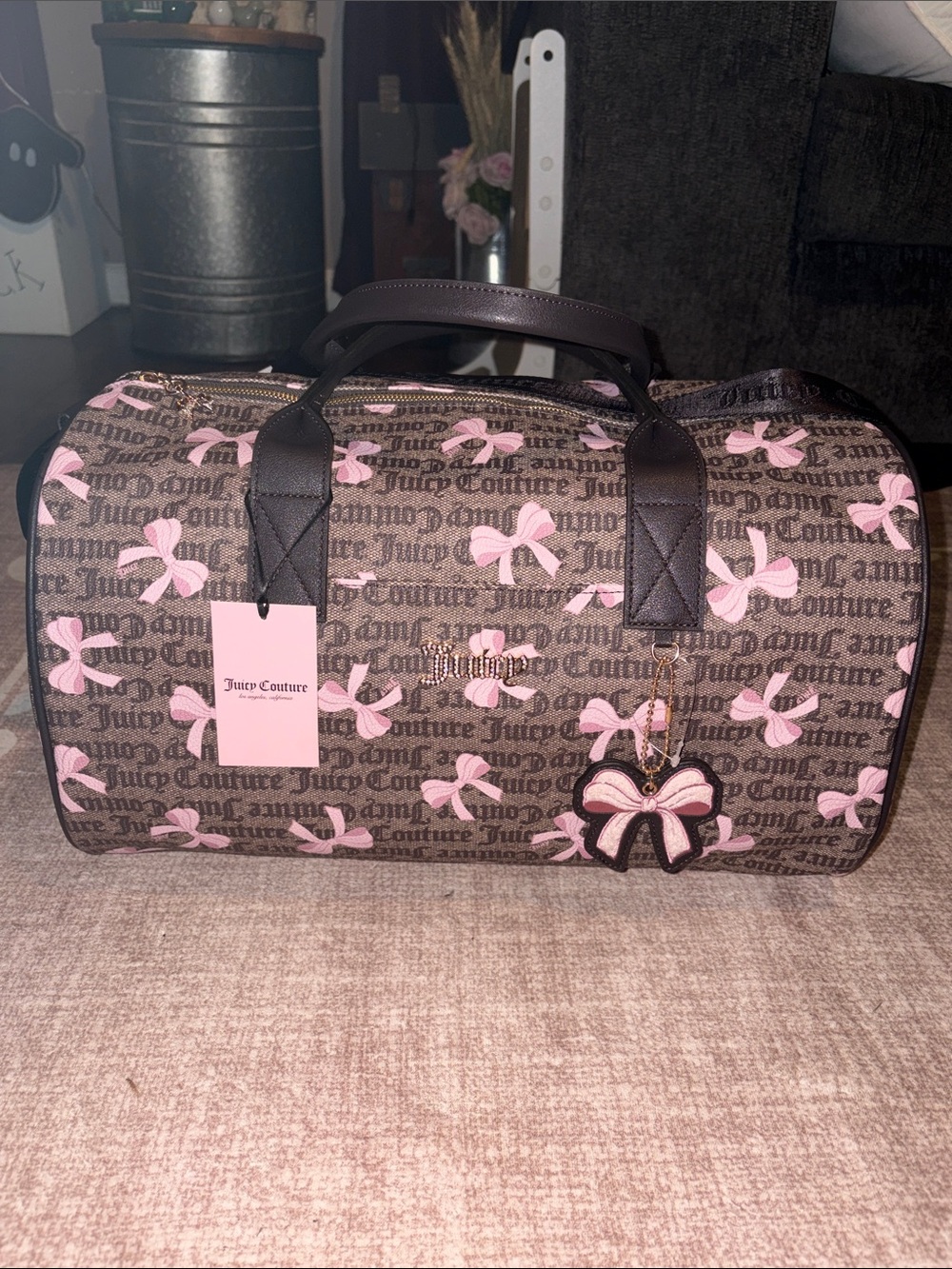 Juicy Couture Brown Logo Barrel Bag with Pink Bows